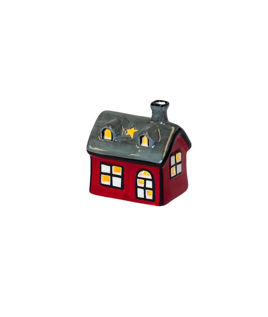 Casetta ceramica rossa-grigia c/luce 8×10 cm