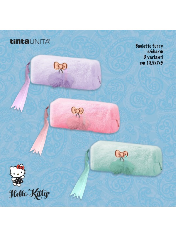 Astuccio Borsellino Bauletto Tinta Unita Hello Kitty Furry con Charm Peluche