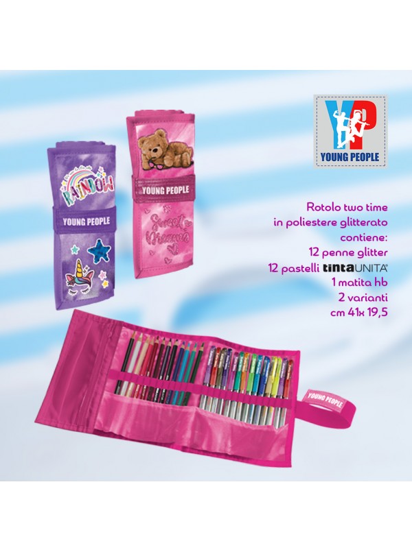 Borsellino a rotolo Young People girl Pastelli e Penne glitter Orsetto unicorno