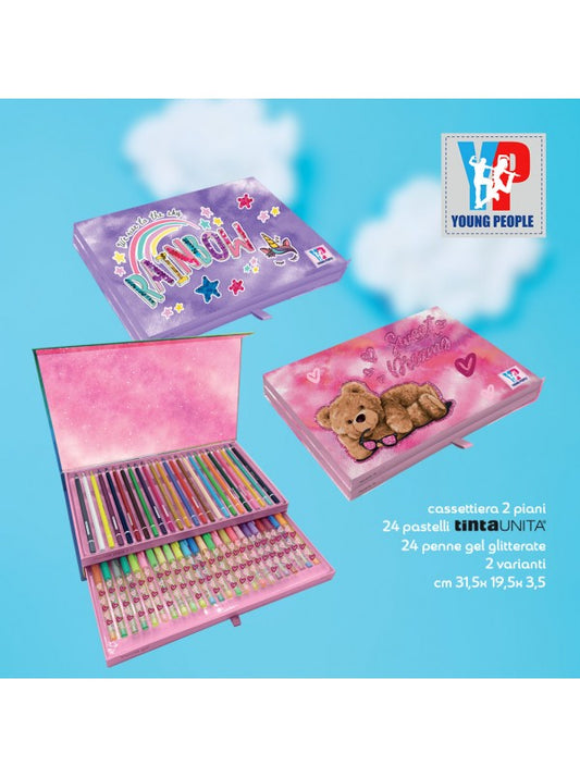 Cassettiera Young People girl Orsetto o unicorno pastelli penne glitter Tinta Unita