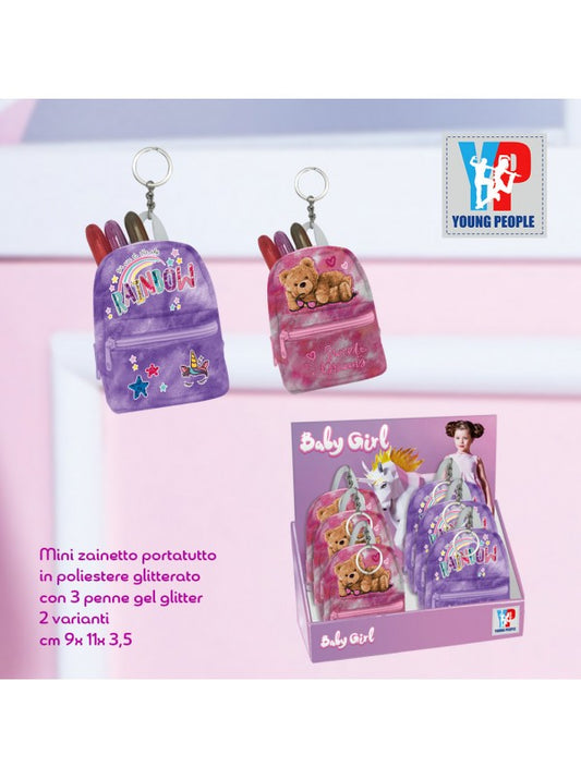 Mini zaino Young People girl Orsetto o unicorno + 3 penne glitter Tinta Unita