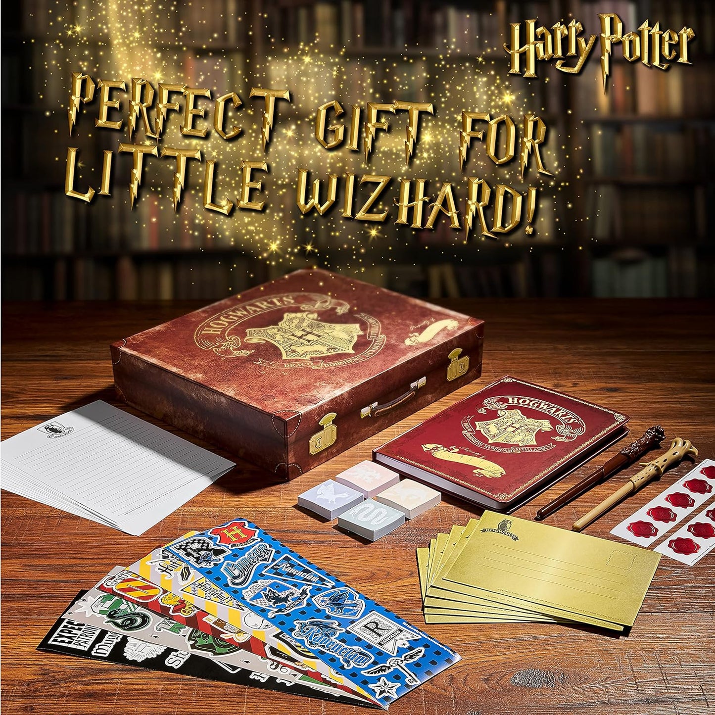 HARRY POTTER Cartoleria, Scatola di carta da lettera, taccuino, penna baguette, adesivi, buste, idea regalo per ragazza e ragazzo, con scatola ricordo