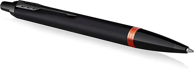 Parker IM Vibrant Rings - Penna a sfera | Lacca nera satinata con accenti arancione fiamma, punta media con ricarica di inchiostro blu, confezione regalo