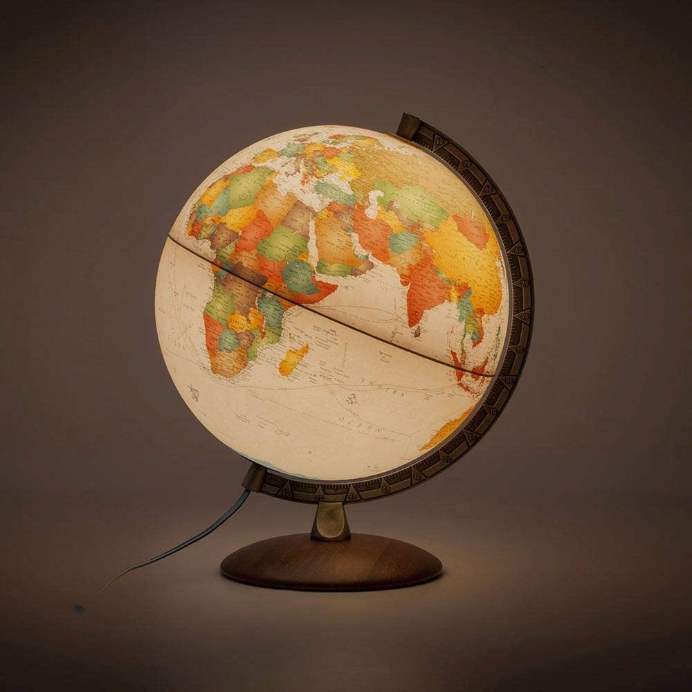 Tecnodidattica – Mappamondo Nova Rico Antiquus | Cartografia in Stile Antico | Luminoso e girevole | Base in vero legno e meridiano graduato in metallo | Testi in Italiano | Diametro 30 cm