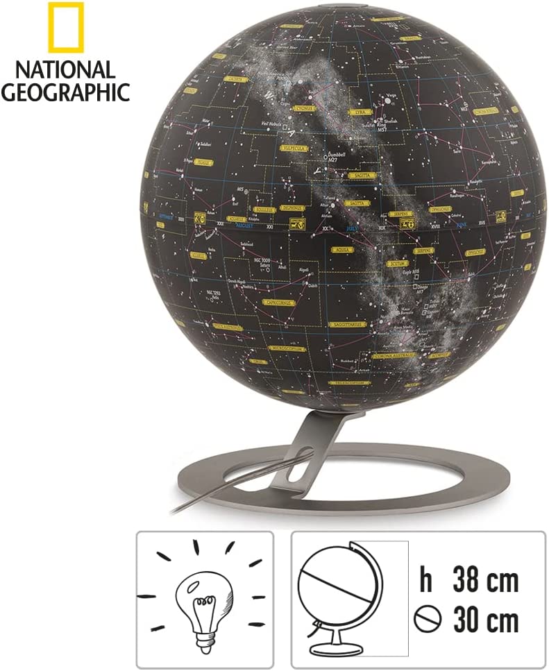 NATIONAL GEOGRAPHIC Tecnodidattica - Mappamondo Heavens | Mappa stellare della Volta Celeste scientifica | Luminoso e Girevole | Base in Alluminio | Design Studio Tools | Diametro 30 cm