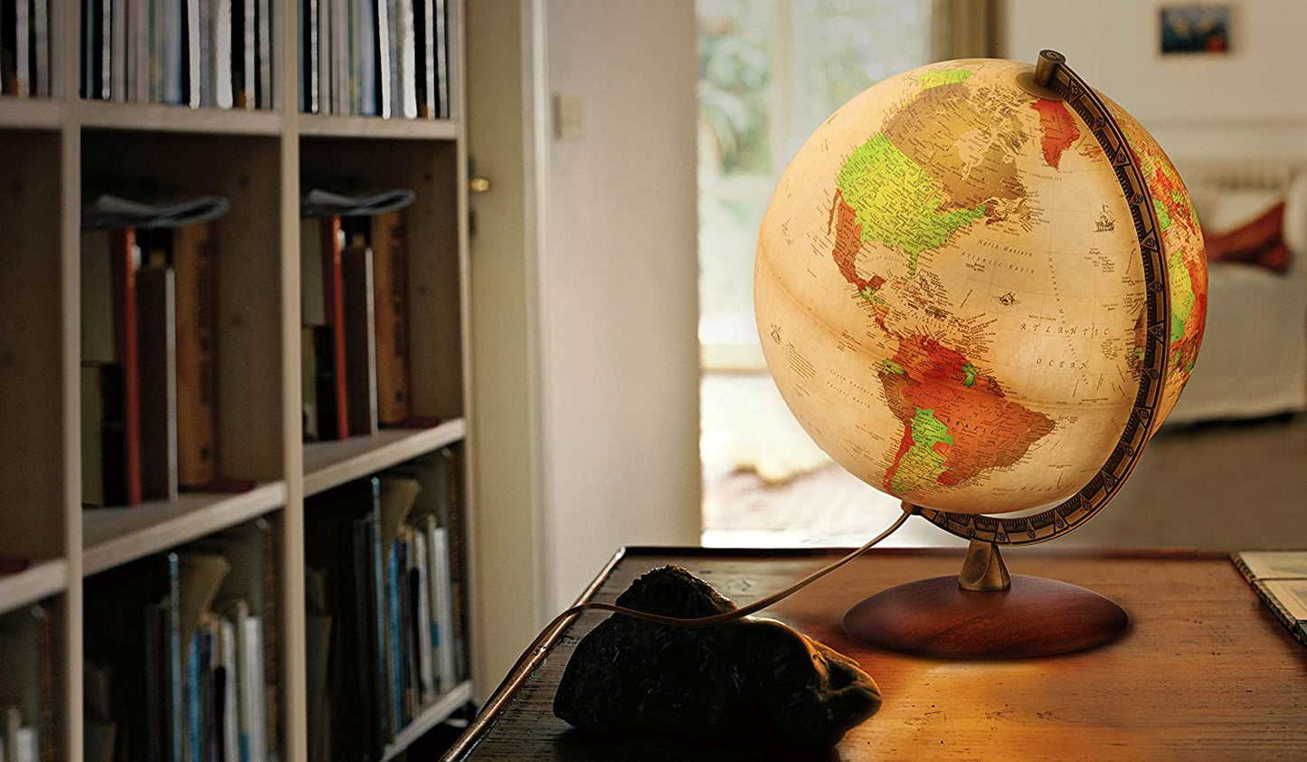 Tecnodidattica – Mappamondo Nova Rico Antiquus | Cartografia in Stile Antico | Luminoso e girevole | Base in vero legno e meridiano graduato in metallo | Testi in Italiano | Diametro 30 cm