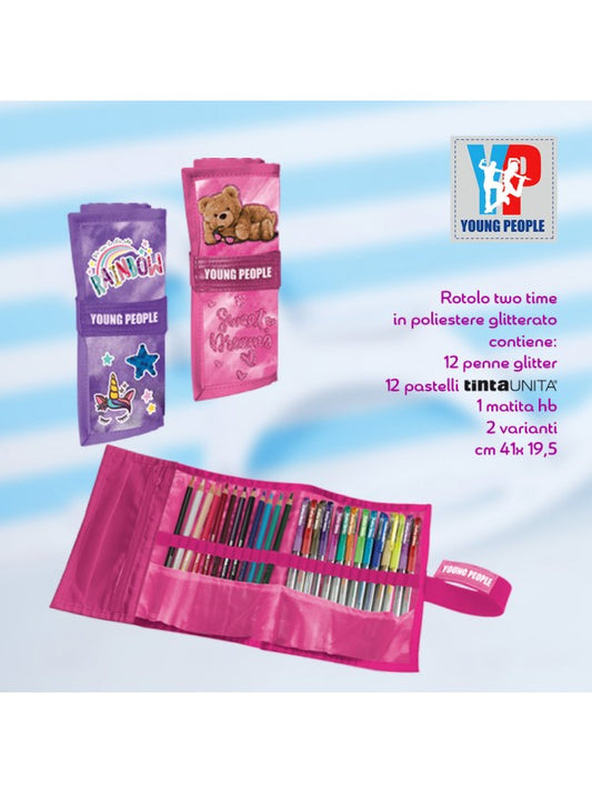Borsellino a rotolo Young People girl Pastelli e Penne glitter Orsetto unicorno